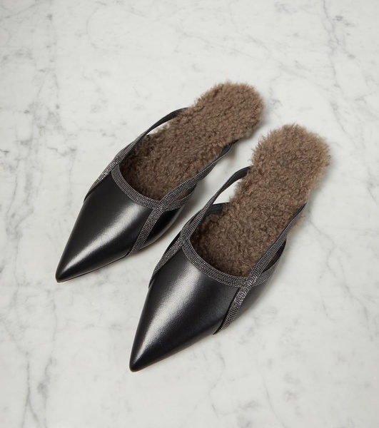 Shearling-trimmed leather slippers