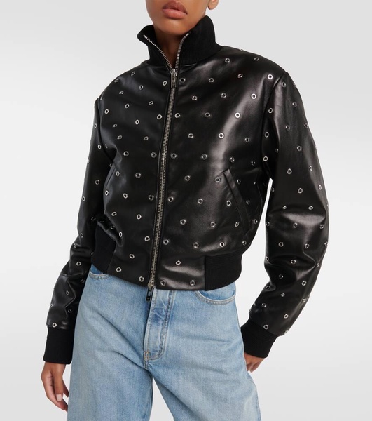 Studded leather bomber jacket