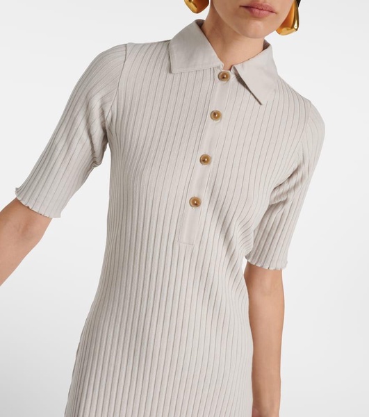 Ribbed-knit cotton-blend polo dress