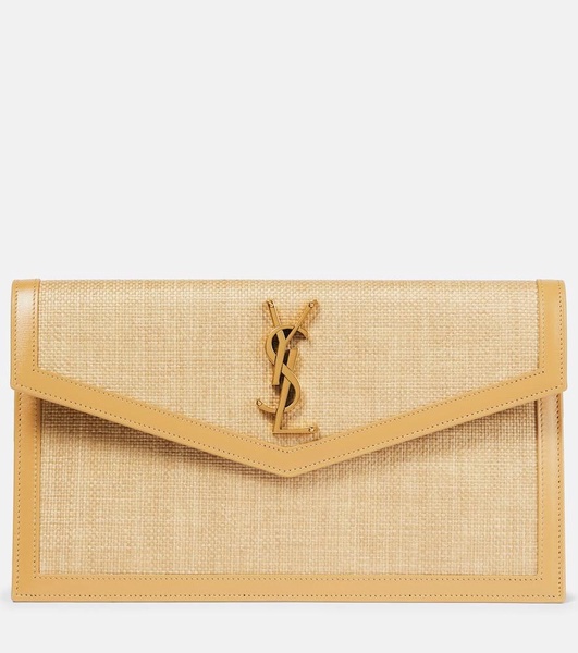 Uptown leather-trimmed raffia clutch