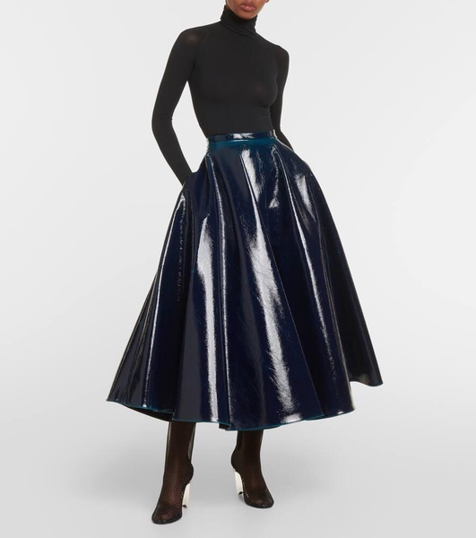 Coated wool-blend midi skirt