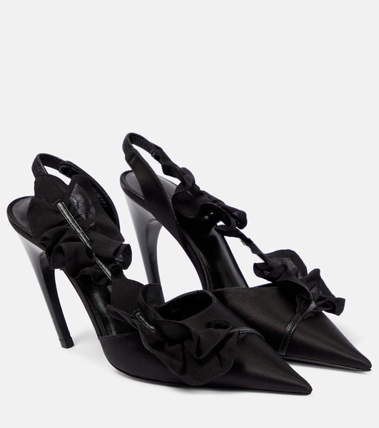 Ruffled satin slingback pumps