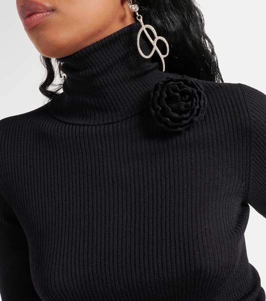 Floral-appliqué wool turtleneck sweater