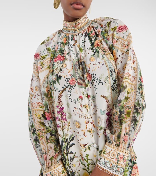 Floral high-neck silk crêpe blouse