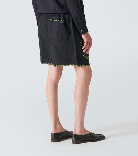 Rosefinch embroidered linen Bermuda shorts