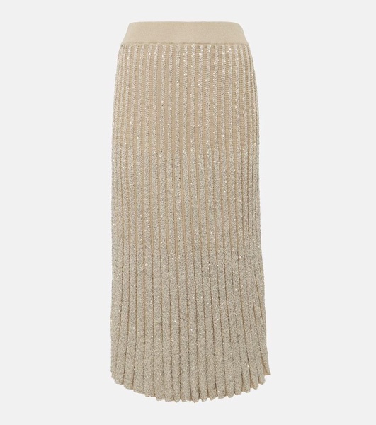 Embellished pleated knit midi skirt