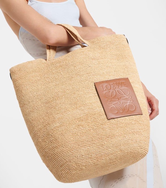 Slit Large leather-trimmed raffia tote bag