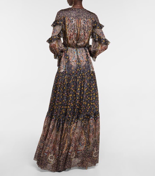 Paisley pleated metallic silk gown