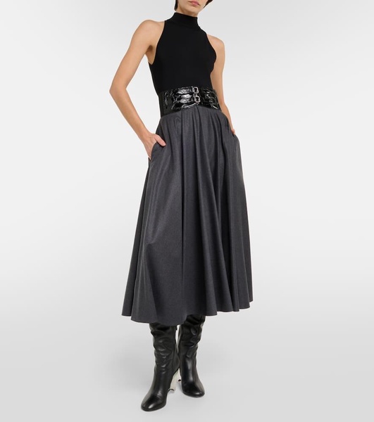 Belted high-rise virgin wool midi skirt