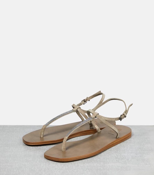 Embellished suede thong sandals