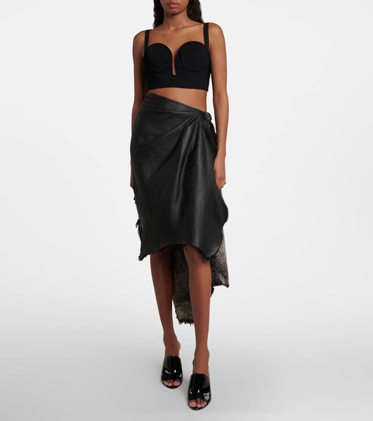 Draped high-rise leather and shearling midi skirt