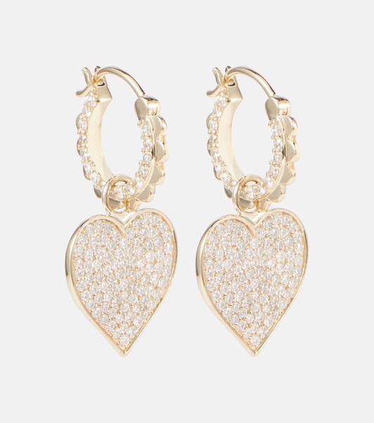 14kt gold scalloped heart charm hoop earrings with diamonds