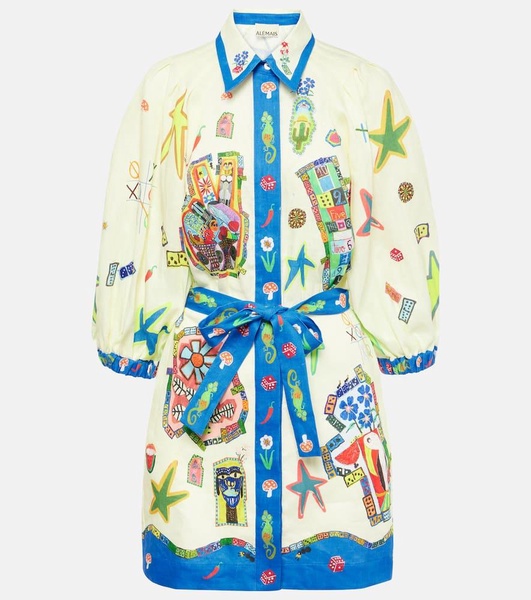 Printed belted linen shirt dress