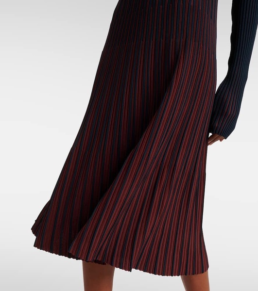 Striped pleated ribbed-knit midi dress