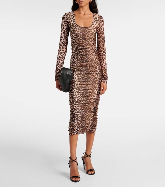 Leopard-print ruched mesh midi dress