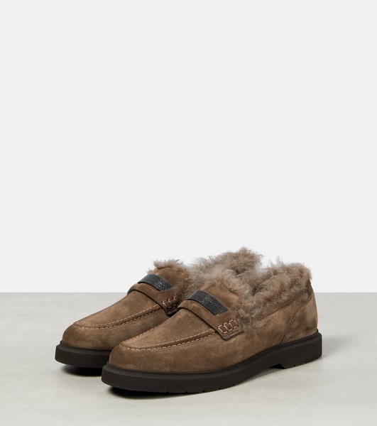 Shearling-trimmed suede loafers