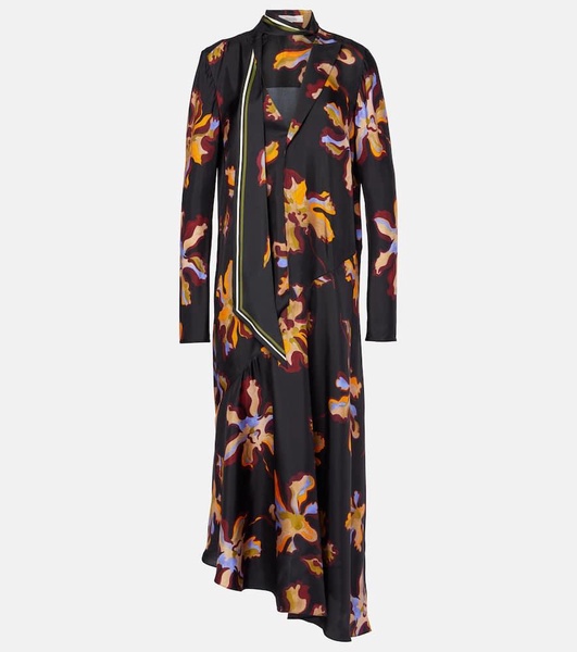 Asymmetric printed silk twill midi dress