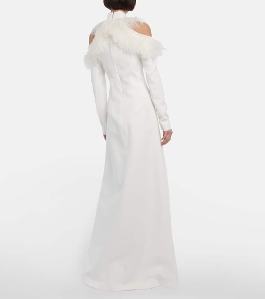 Bridal feather-trimmed crêpe gown