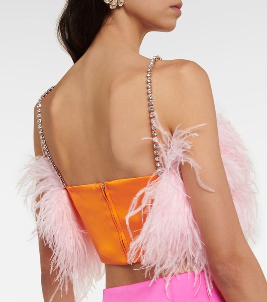 Feather-trimmed satin crop top