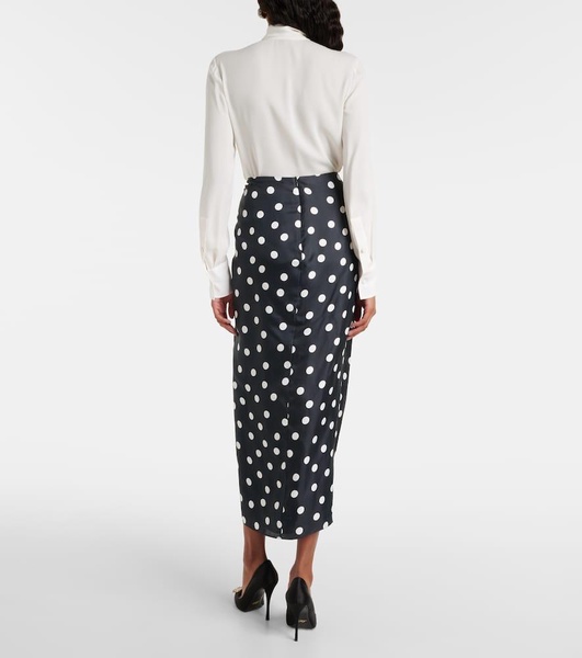 Polka-dot gathered satin midi skirt