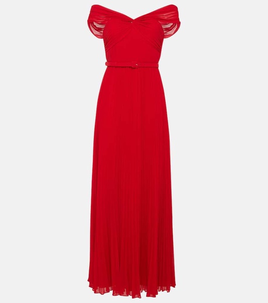 Pleated off-shoulder chiffon gown