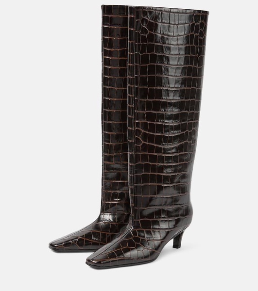 Wide Shaft croc-effect leather knee-high boots