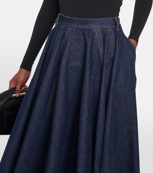 Pleated high-rise denim midi skirt