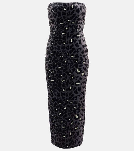 Leopard-print strapless velvet midi dress