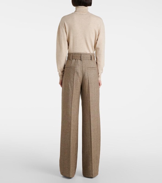 Herringbone wool-blend wide-leg pants