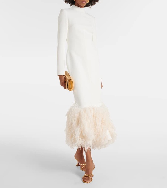 Bridal feather-trimmed cady midi dress