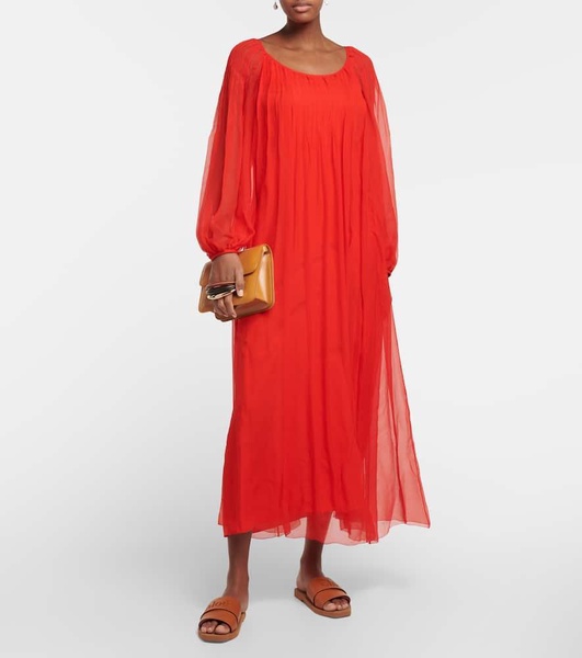 Pleated silk mousseline maxi dress