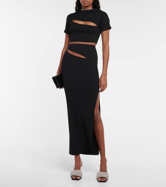 Cutout ribbed-knit maxi skirt