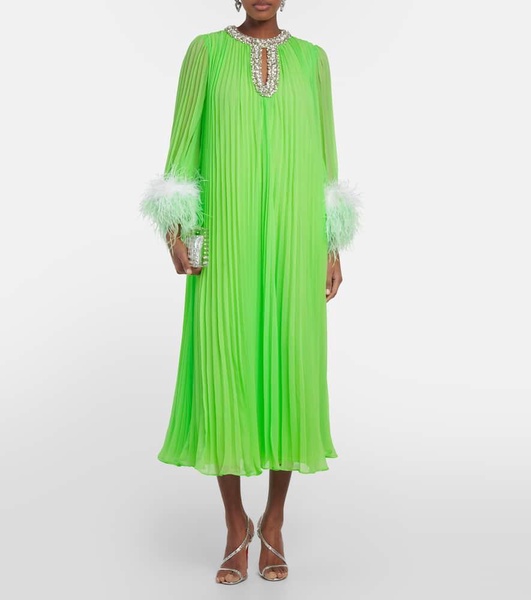 Pleated feather-trimmed chiffon gown