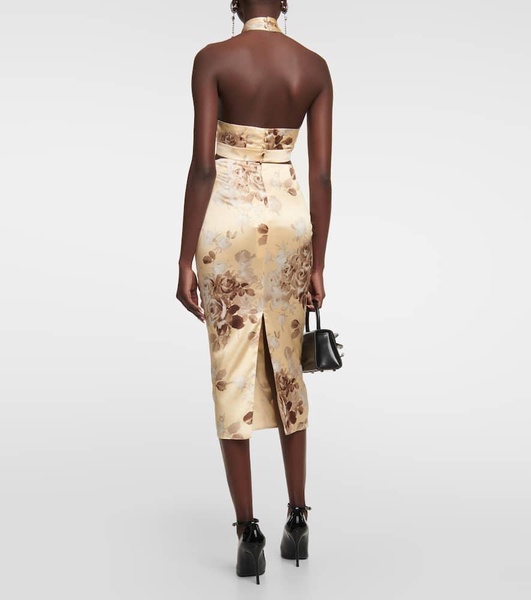 Printed silk-blend satin midi skirt