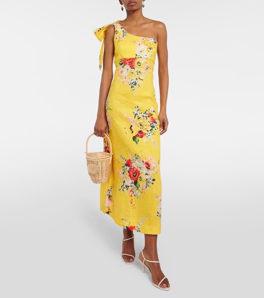 One-shoulder floral linen midi dress