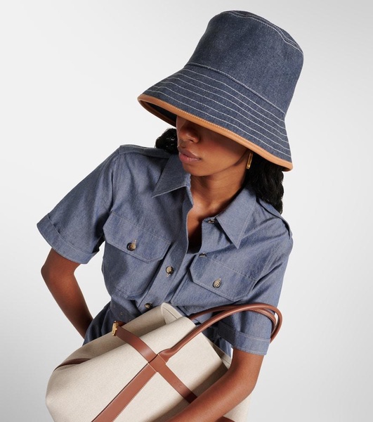 Zita leather-trimmed denim bucket hat