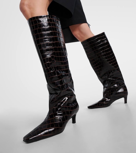 Wide Shaft croc-effect leather knee-high boots