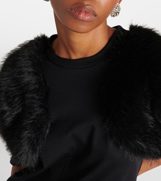 Faux fur-trimmed cotton jersey top