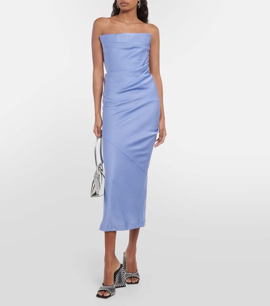 Draped strapless crepe midi dress