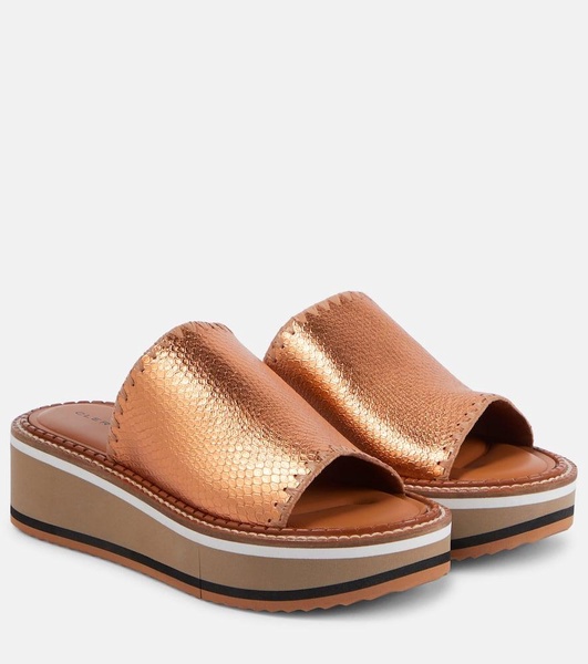 Fast snake-effect metallic leather platform slides