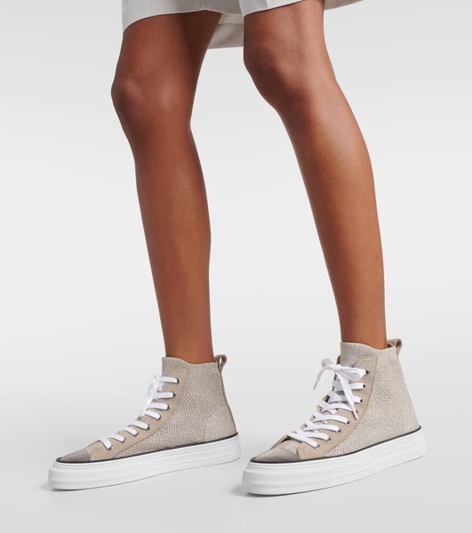 Leather-trimmed high-top sneakers