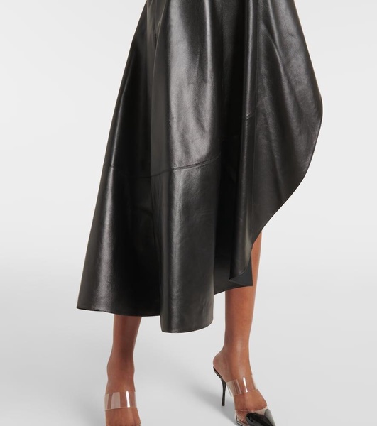 Asymmetric leather midi skirt