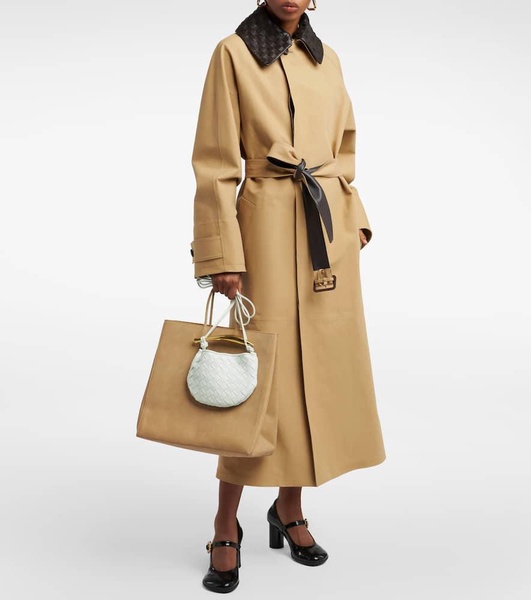 Leather-trimmed cotton-blend trench coat