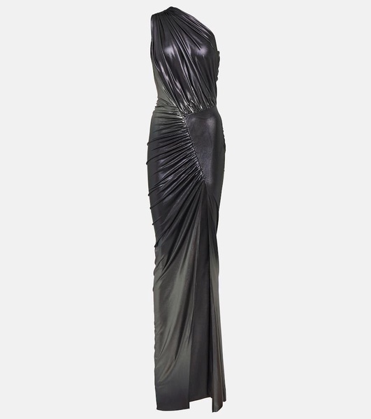 One-shoulder ruched metallic gown