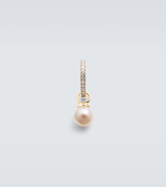 14kt gold single hoop earring with diamonds and freshwater pearl