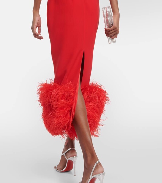 Feather-trimmed strapless crêpe midi dress