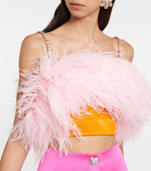 Feather-trimmed satin crop top