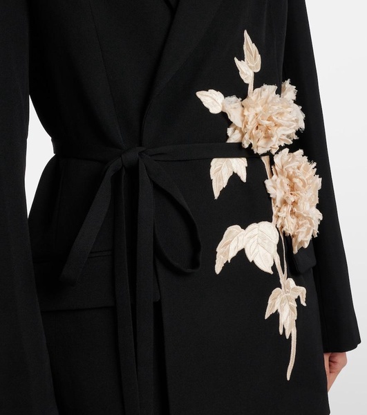 Floral-appliqué wool grain de powder jacket