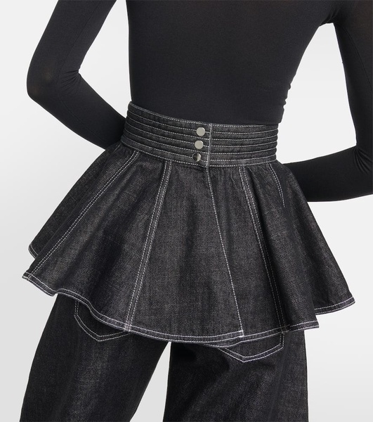 Black Gathered Denim Miniskirt