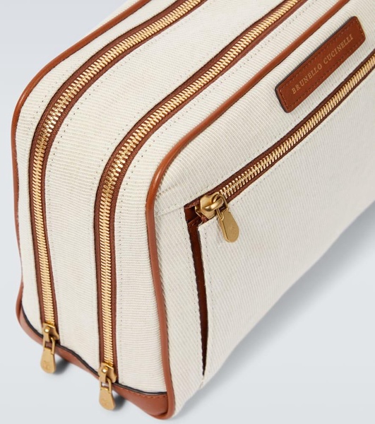 Leather-trimmed canvas toiletry bag